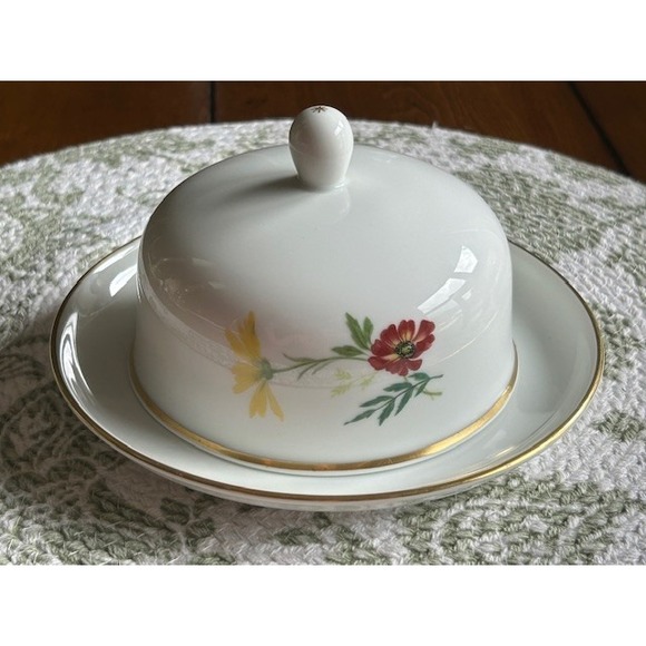Vintage CROWNFORD CHINA CO. NY Schonwald Germany Floral Butter/Cheese Cover Dish - Picture 1 of 9